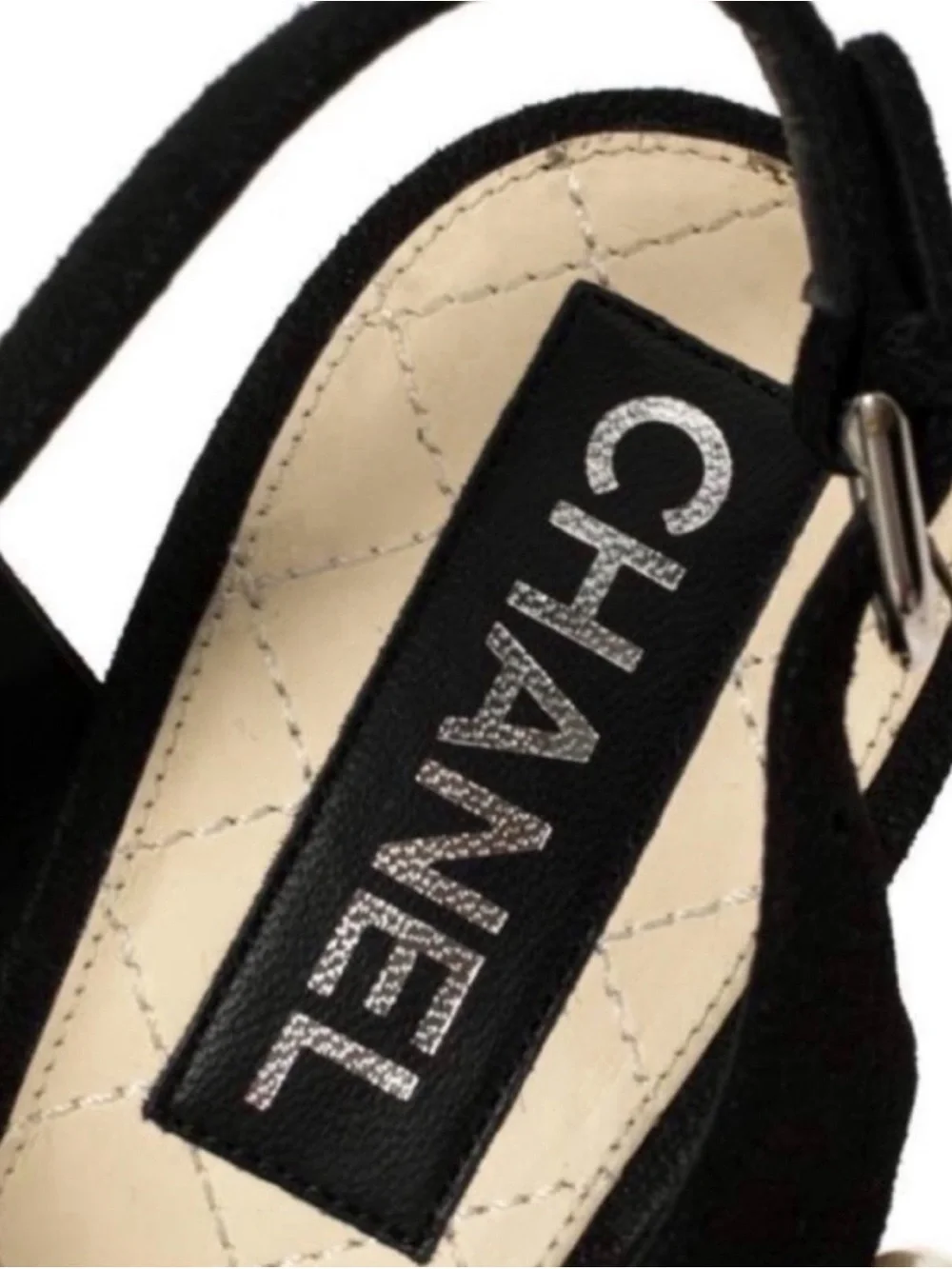 CHANEL Black Suede Faux Pearl Slingback Heeled CC Runway Sandals